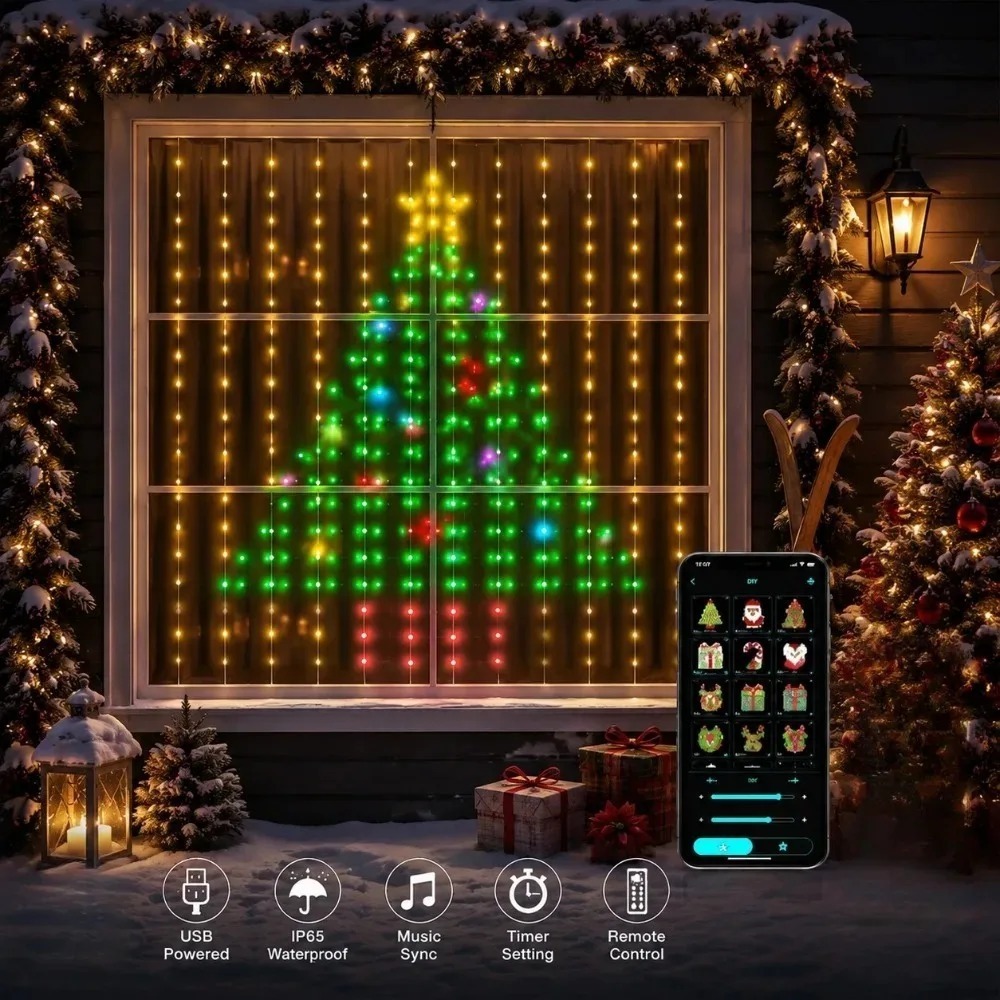 Home Decor App Free - LED-Pixel-Lichtvorhang mit Bluetooth-App-Steuerung, RGB-Smart-Lichterkette, DIY-Fensterdekoration für