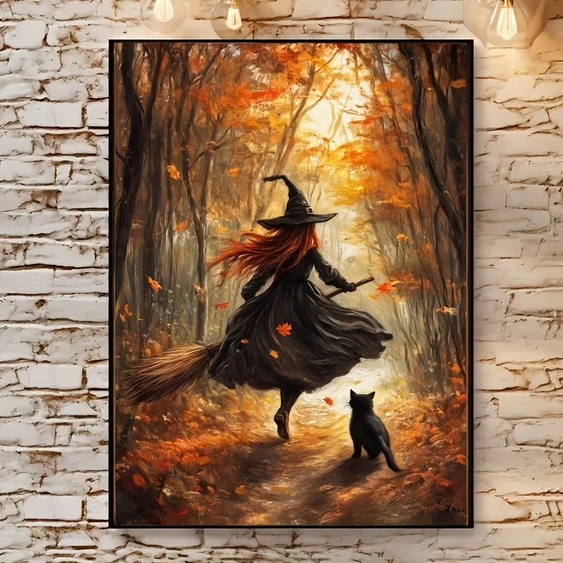 Home Decor Reviews - Retro Halloween Herbsthexe auf Besenrad Wandkunstdruck