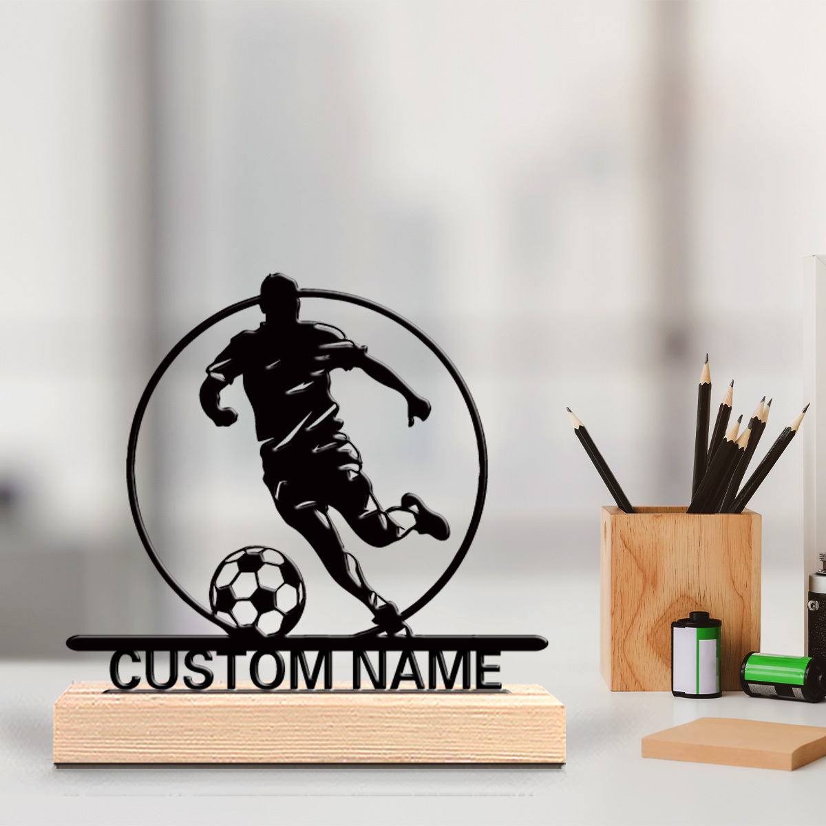 Home Decor Nz - Personalisierte Fußballspieler-Metallstatue mit Namen, Holzsockel Tischdekoration,